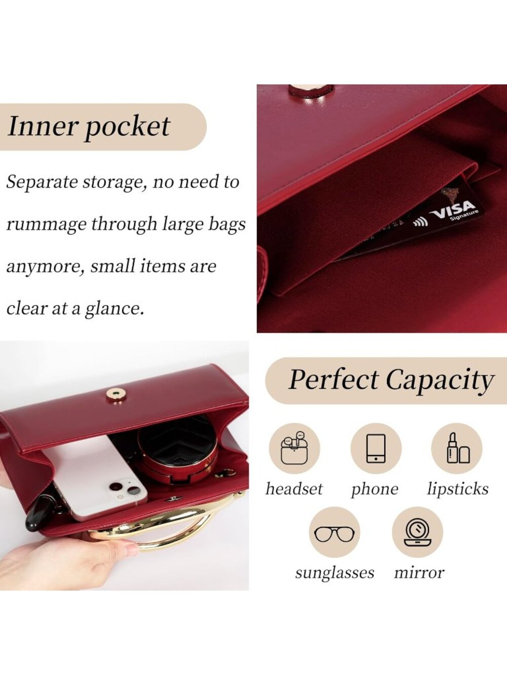 Women's Burgundy Metal Handle Bag Evening Clutch Purse Detachable Chain Strap - Picture 4 of 7